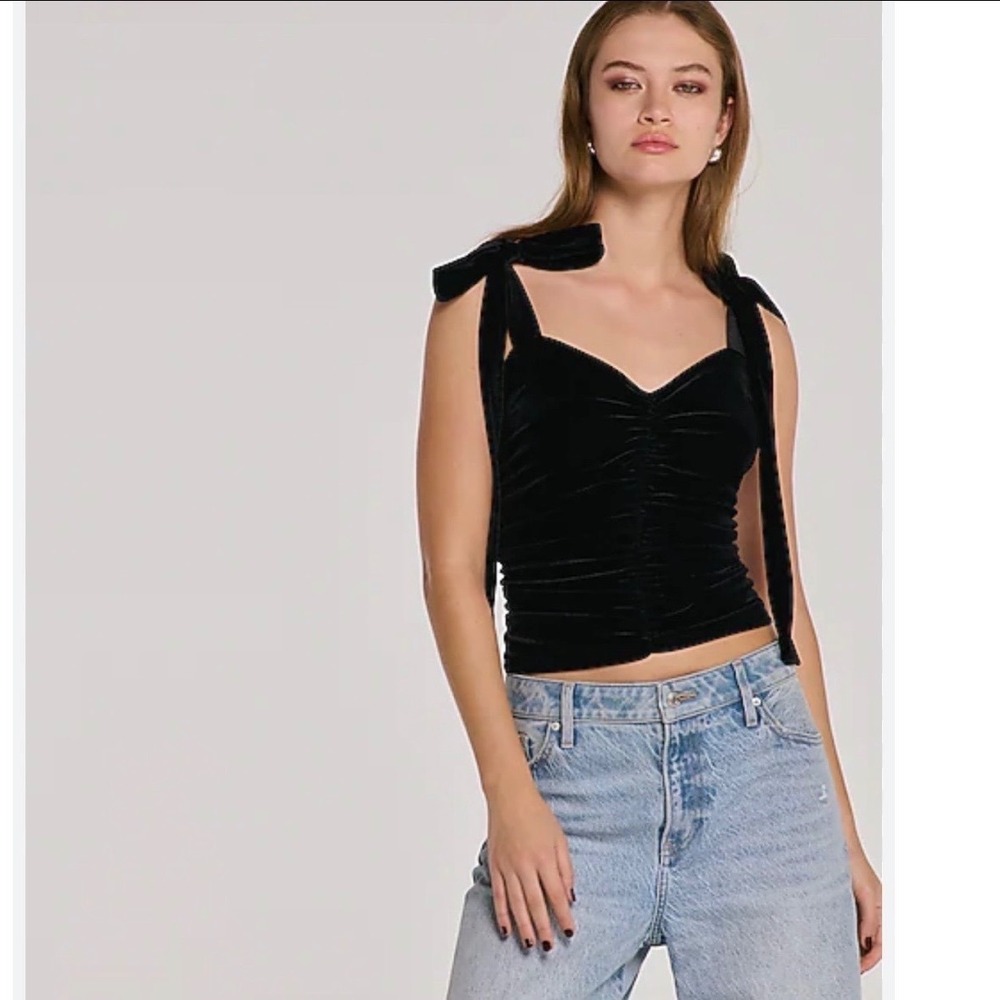 Express Black Velvet Ruched Tie Shoulder Camisole Sweetheart Top Womens Medium M